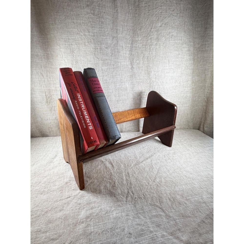 Vintage Mid Century Wooden Desktop Bookrack, Tilted Tabletop Shelf